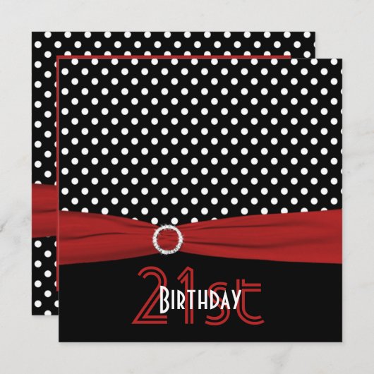 印刷されたリボンの赤く黒い水玉模様の第21誕生日 招待状 (正面/裏面)