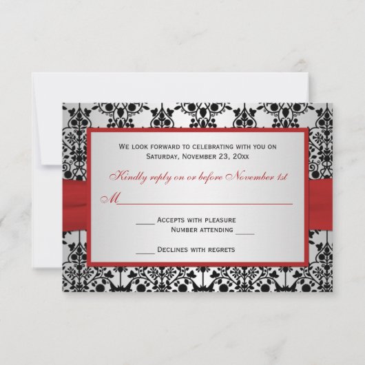 印刷されたリボンの赤く、灰色、及び黒いダマスク織RSVPカード 出欠カード (裏面)
