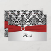 印刷されたリボンの赤く、灰色、及び黒いダマスク織RSVPカード 出欠カード (正面/裏面)