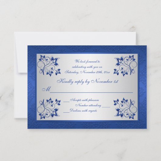 印刷されたリボンの青、銀製の花の応答カード 出欠カード (裏面)