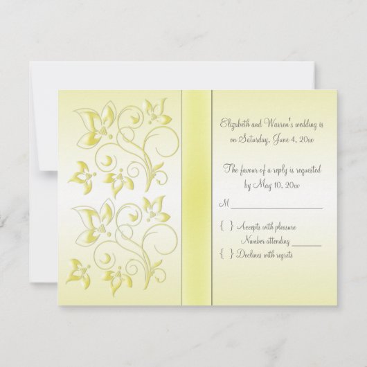 印刷されたリボンの黄色、灰色の花柄RSVPカード 出欠カード (裏面)