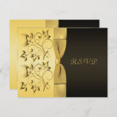 印刷されたリボンの黒、金ゴールド花RSVPのカード 出欠カード (正面/裏面)