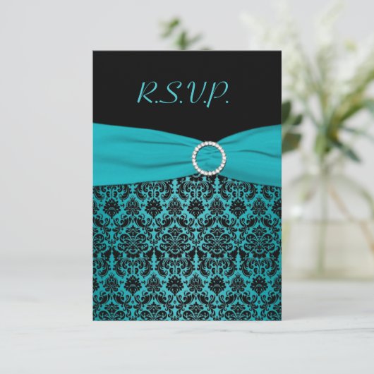印刷されたリボンアクア、ブラックダマスク返信カード 招待状 (スタンド正面)