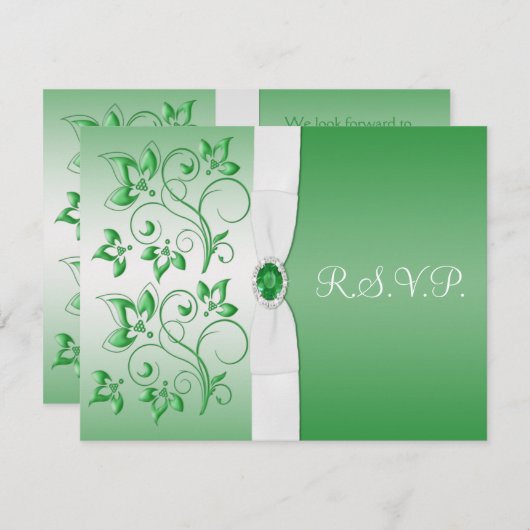 印刷されたリボンエメラルドグリーン、白い返信カード 招待状 (正面/裏面)