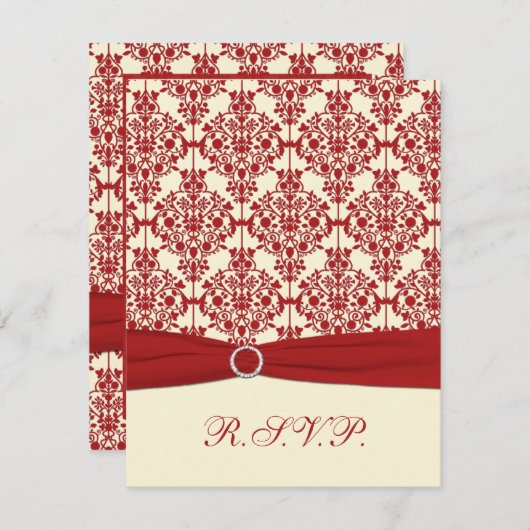 印刷されたリボンクリーム、赤いダマスク返信カード 出欠カード (正面/裏面)