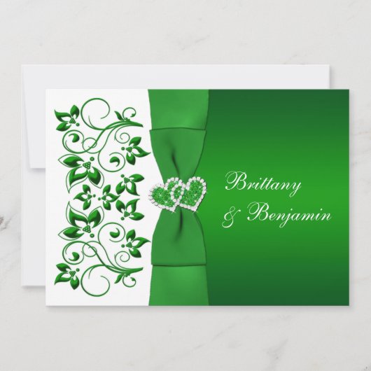 印刷されたリボングリーン、白いフローラ結婚式 招待状 (正面)