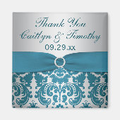 印刷されたリボンシルバー、ティール(緑がかった色)ダマスクの結婚式の好意 マグネット (正面)