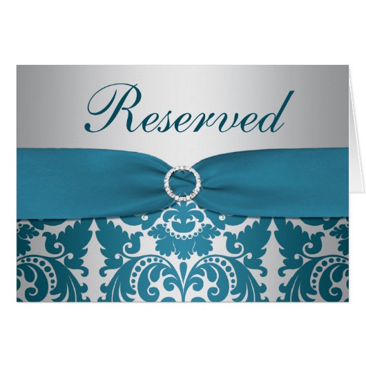 印刷されたリボンシルバー、ティール(緑がかった色)ダマスク予約カード (正面横)