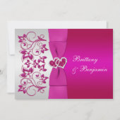 印刷されたリボンピンク、シルバーのフローラ結婚式の招待 招待状 (正面)