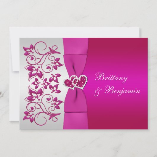 印刷されたリボンピンク、シルバーのフローラ結婚式の招待 招待状 (正面)