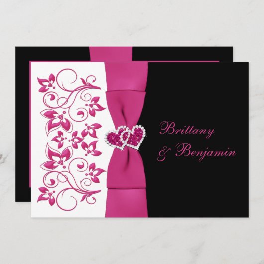 印刷されたリボンピンク、白、黒の結婚式の招待 招待状 (正面/裏面)