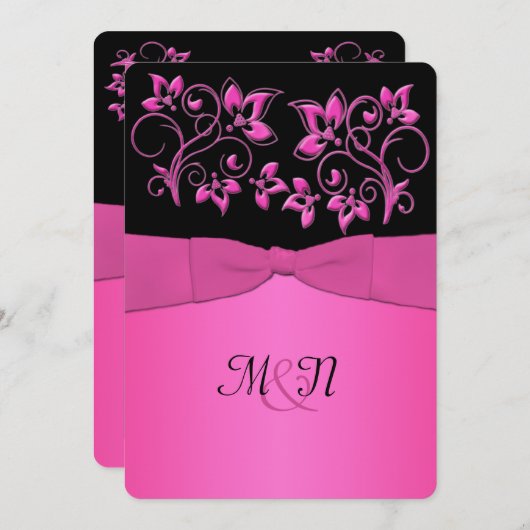 印刷されたリボンブラック、ピンクのフローラ結婚式 招待状 (正面/裏面)