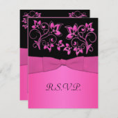 印刷されたリボンブラック、ピンクのフローラRSVPカード 出欠カード (正面/裏面)