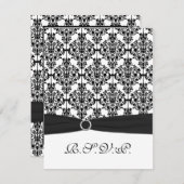 印刷されたリボンブラック、ホワイトダマスクII RSVPカード (正面/裏面)