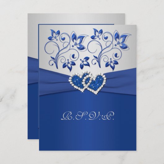 印刷されたリボンブルー銀結合ハートRSVPカード 出欠カード (正面/裏面)