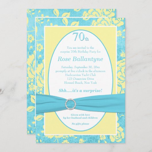 印刷されたリボンブルー黄色70番目の誕生日招待状 招待状 (正面/裏面)