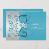 印刷されたリボンブルー、シルバーのフローラ結婚式の招待 招待状 (正面/裏面)