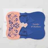 印刷されたリボンブルー、桃のフローラ結婚式の招待 招待状 (正面)