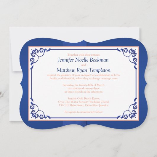 印刷されたリボンブルー、桃のフローラ結婚式の招待 招待状 (裏面)