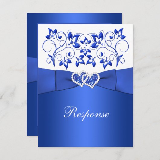 印刷されたリボンブルー、白いフローラ、ハートRSVP 出欠カード (正面/裏面)