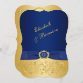 印刷されたリボンブルー、金ゴールドフローラ結婚式の招待 招待状 (正面/裏面)