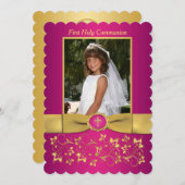 印刷されたリボンホタテの縁の神聖な聖体写真 招待状 (正面/裏面)