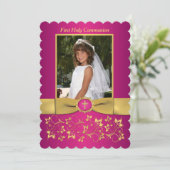 印刷されたリボンホタテの縁の神聖な聖体写真 招待状 (スタンド正面)