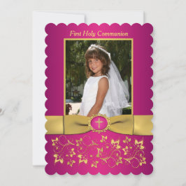 印刷されたリボンホタテの縁の神聖な聖体写真 招待状