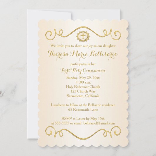 印刷されたリボンホタテの縁の神聖な聖体写真 招待状 (裏面)