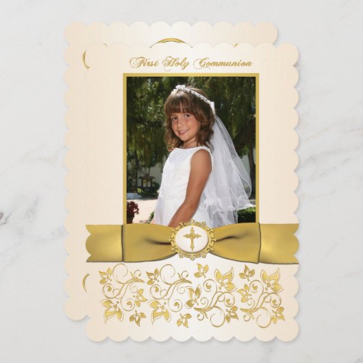 印刷されたリボンホタテの縁の神聖な聖体写真 招待状 (正面/裏面)