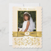 印刷されたリボンホタテの縁の神聖な聖体写真 招待状 (正面)