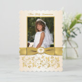 印刷されたリボンホタテの縁の神聖な聖体写真 招待状 (スタンド正面)