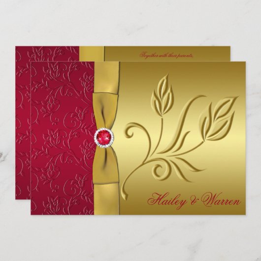 印刷されたリボンレッド、金ゴールドフローラ結婚式招待状 招待状 (正面/裏面)