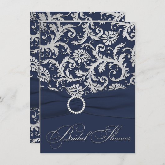 印刷されたリボン海軍、銀製のブライダルシャワーの招待 招待状 (正面/裏面)