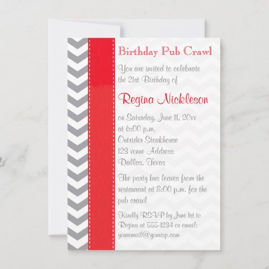 印刷されたリボン赤灰色白21歳の誕生日パーティー 招待状 (裏面)