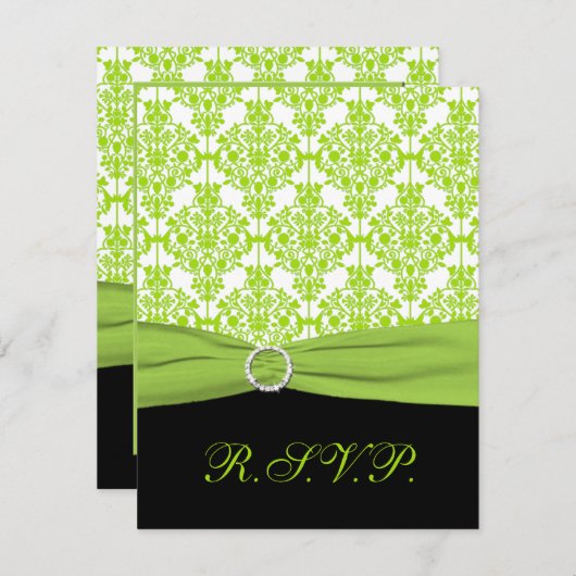 印刷されたリボン黒、緑のダマスク返信カード 出欠カード (正面/裏面)