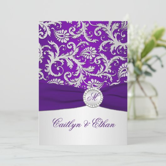 印刷されたリ王室のボンパープルとシルバーのダマスク 招待状 (スタンド正面)