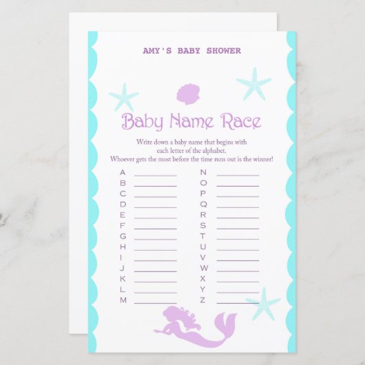 印刷された人魚の赤ちゃんシャワーゲーム (正面/裏面)