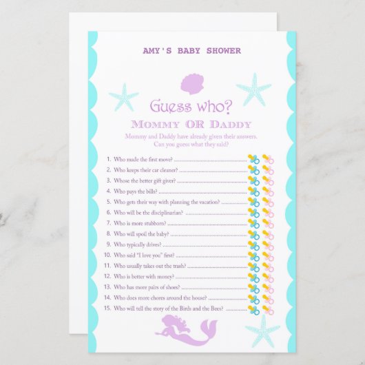 印刷された人魚の赤ちゃんシャワーゲーム (正面/裏面)