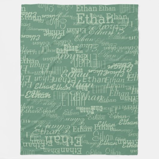 印刷された全体に繰り返される名前ほこりっぽい緑 フリースブランケット (正面)