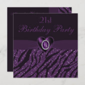 印刷された宝石ハートとゼブラグリッター21歳の誕生日 招待状 (正面/裏面)