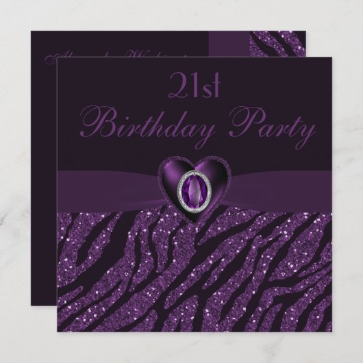 印刷された宝石ハートとゼブラグリッター21歳の誕生日 招待状 (正面/裏面)