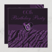 印刷された宝石ハートとゼブラグリッター60歳誕生日 招待状 (正面/裏面)