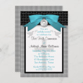 印刷された弓ティール(緑がかった色)の最初聖餐式の招待状 招待状 (正面/裏面)