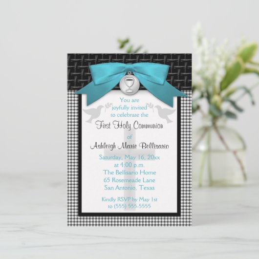 印刷された弓ティール(緑がかった色)の最初聖餐式の招待状 招待状 (スタンド正面)