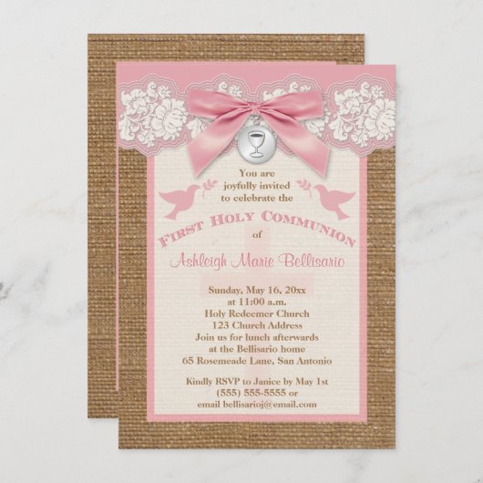 印刷された弓及びチャームの最初聖餐式の招待 招待状 (正面/裏面)