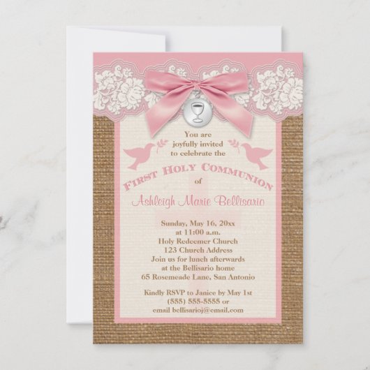 印刷された弓及びチャームの最初聖餐式の招待 招待状 (正面)