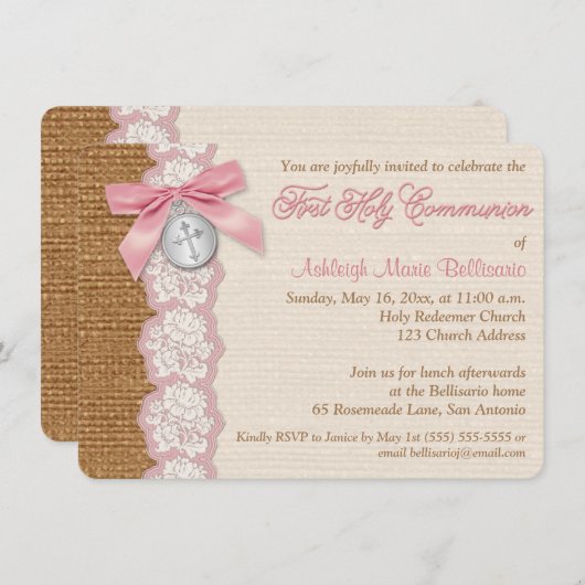 印刷された弓及びチャームの最初聖餐式の招待 招待状 (正面/裏面)