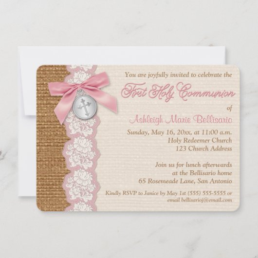 印刷された弓及びチャームの最初聖餐式の招待 招待状 (正面)