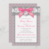 印刷された弓灰色の花のレースのベビーシャワーの招待 招待状 (正面/裏面)